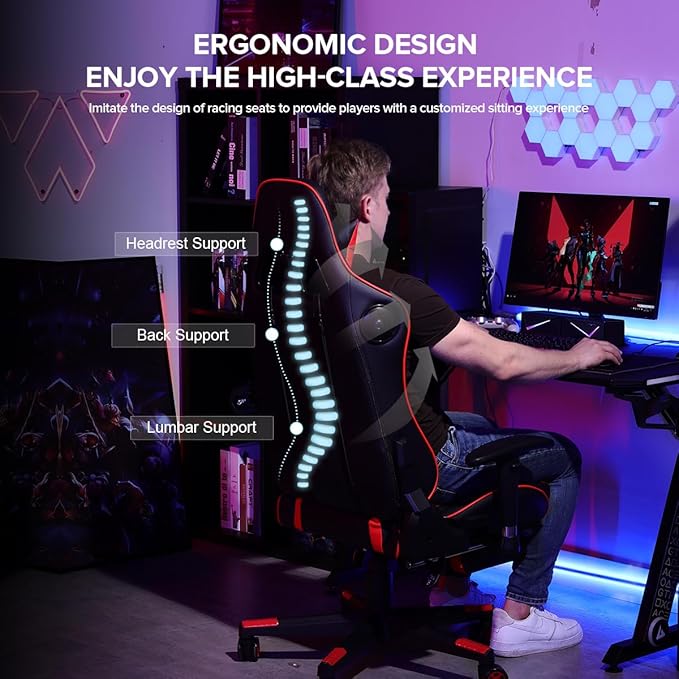 GTRACING Gaming Chair with Footrest Speakers Video Game Chair Bluetooth Music Heavy Duty Ergonomic Computer Office Desk Chair Red