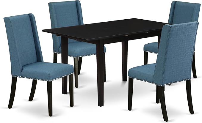 East West Furniture NOFL5-BLK-21 5 Piece Dinette Set for 4 Includes a Rectangle Dining Room Table with Butterfly Leaf and 4 Blue Linen Fabric Upholstered Chairs, 32x54 Inch, Black