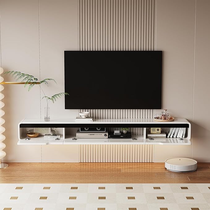 High Gloss Floating TV Stand with 3 Doors,70'' Wall Mounted TV Cabinet,Under TV Console,Floating Media Shelft for Bedroom Living Room(White)