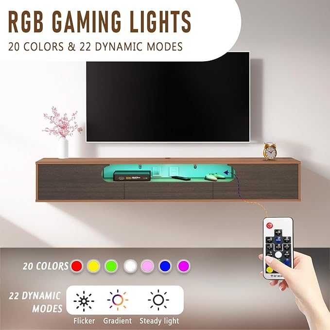 Pmnianhua Floating TV Stand with LED Lights,63'' Wall Mounted TV Cabinet Floating Under TV Shelf Media Console Entertainment Center with Storage Living Room Playroom Bedroom(Walnut)