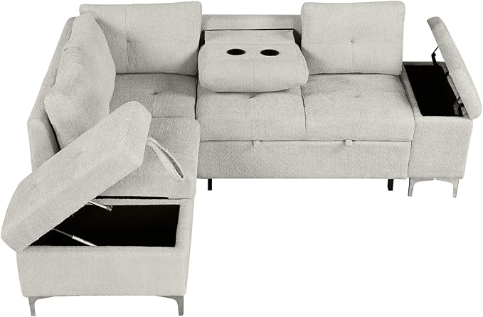 Ball & Cast 88.2" L-Shaped Sectional Pull Out Sofa with Ample Storage Space,Versatile Convertible Couch w/Two Cup Holders and Two USB Ports,Movable Storage Ottoman,for Living Room,Apartment,Beige