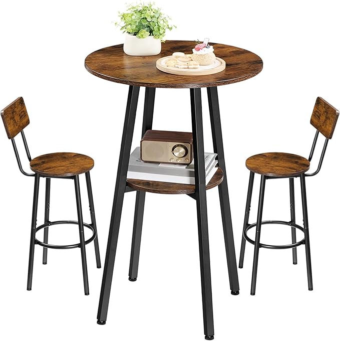 HOOBRO 3 Pieces Round Bar Height Table and Chairs Set, Round Dining Table Set, Pub Table and Chairs for Small Space, 2 Tier Kitchen Table and Bar Stools with Back, Rustic Brown BF35BT01