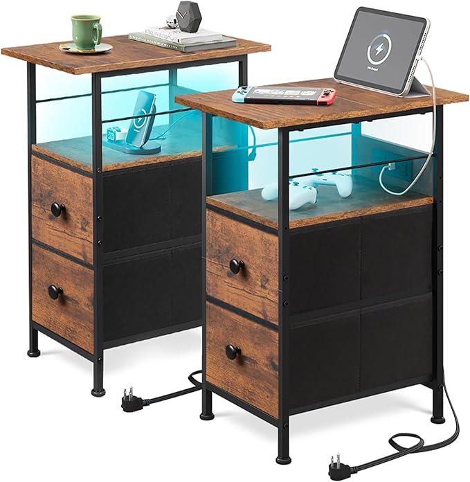 WLIVE Nightstand Set of 2 with Charging Station, End Table Sets with LED Lights, 2 Fabric Drawers and Open Shelf, Bed Side Tables Living Room, Small Space, Night Stand for Bedroom, Rustic Brown
