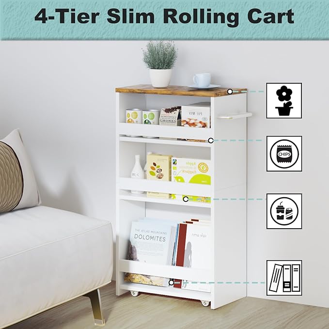 MARTY Rolling Storage Cart 7.9" W, 4-Tier Kitchen Cart with Wheels Handle, Slim Storage Cart Mobile Shelving Utility Carts for Bathroom Laundry Room Organization Narrow Places (White)