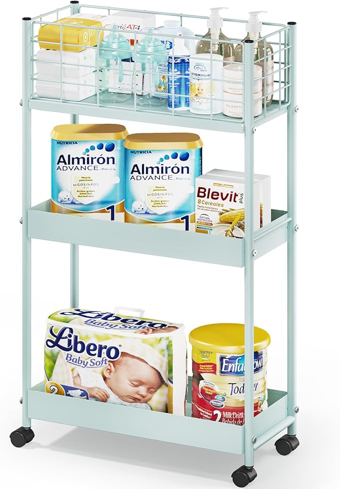 KINGRACK 3-Tier Rolling Utility Cart with Wheels, Metal Slim Storage Cart, Multifunctional Storage Organizer, Rolling Storage Cart for Kitchen, Office, Bathroom, Narrow Place, Mint Green