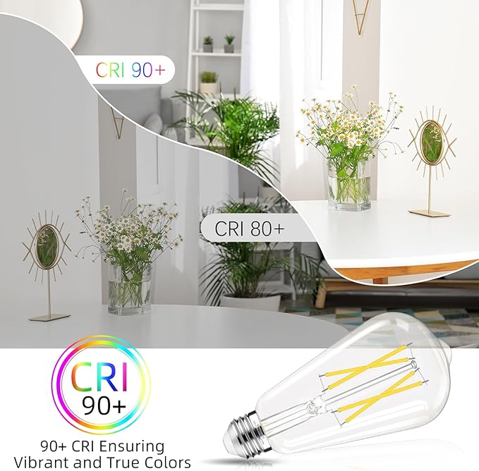 Edison Bulbs 60 watt Equivalent LED, E26 Bulb Dimmable, Cool White 4000K, ST58 Vintage Light Bulbs, 90+ CRI, 6W 600LM, E26 Medium Base, Clear Glass, 18 Pack