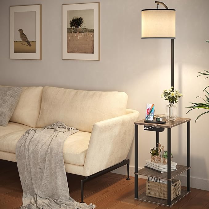 SUNMORY Floor Lamp with Table, End Table for Living Room with Lamp, Shelves Side Table with Charging Station(USB & AC Port), 3 Color Temperature LED Bulb, Modern Nightstand Lamp for Bedroom, Office