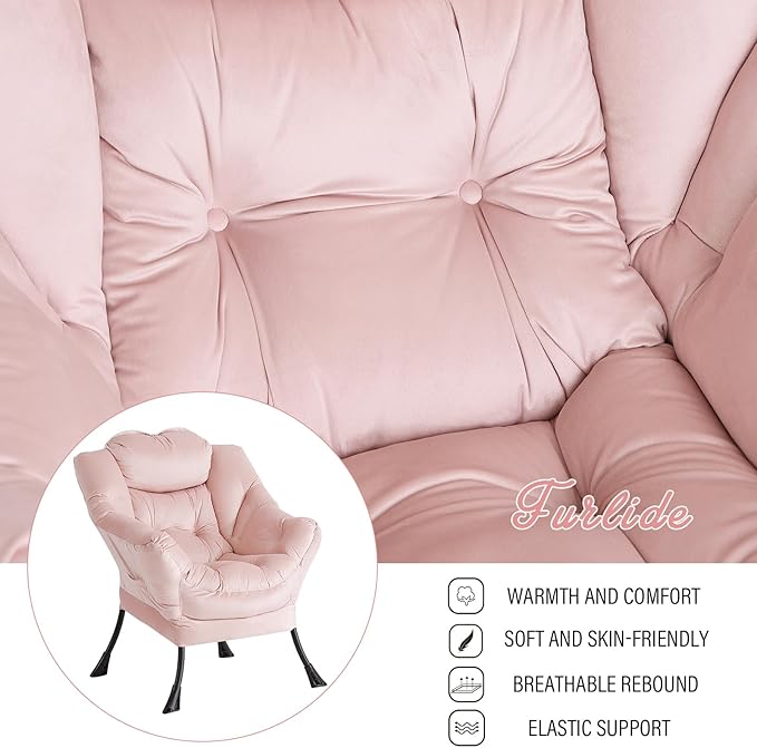 Lazy Chair with Ottoman, Modern Chair with Folding Footrest, Lounge Accent Chair, Comfortable Reading Chair, Oversized Armchairs for Bedroom, Study, Living Room, Courtyard (Pink)