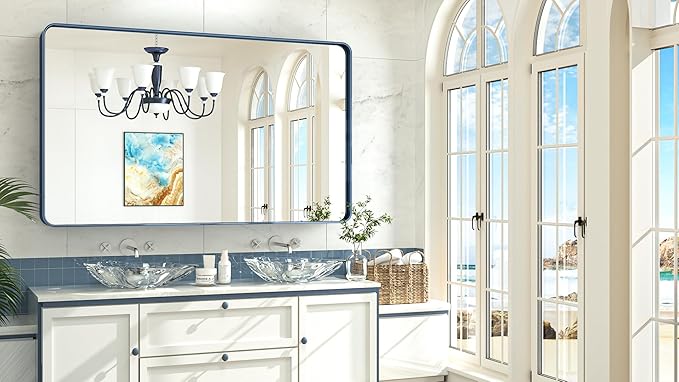 TokeShimi 60 x 36 Inch Blue Bathroom Vanity Mirror for Wall with Non-Rusting Aluminum Alloy Matte Metal Frame for Modern Farmhouse Home Decor (Horizontal/Vertical)