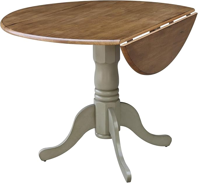 IC International Concepts, 42" Round Dual Drop Leaf Pedestal Dining Table, Solid Real Wood, Sturdy Parawood, Distressed Hickory/Stone