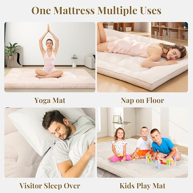Japanese Floor Mattress, 4" Thicken Futon Mattress Full Size Sleeping Pad, Corduroy Foldable Floor Pad, Roll Up Tatami Mat for Adults Guest Room Bedroom, Beige