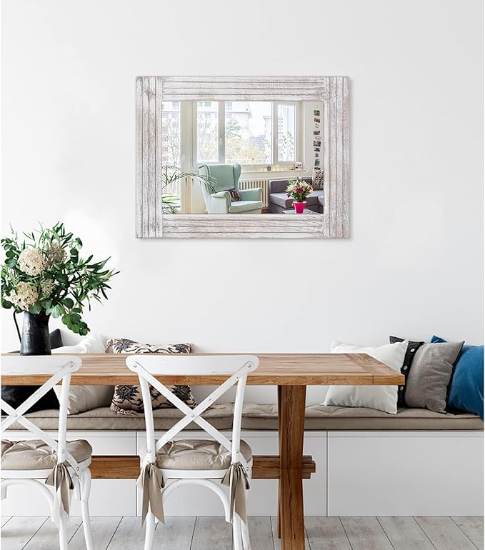 Mirrors for Wall Rustic Wooden Frame Rectangle Mirror Vintage Hanging Mirror for Bedroom Bathroom Living Room Farmhouse Wall Decor White Large 20" x 16 "