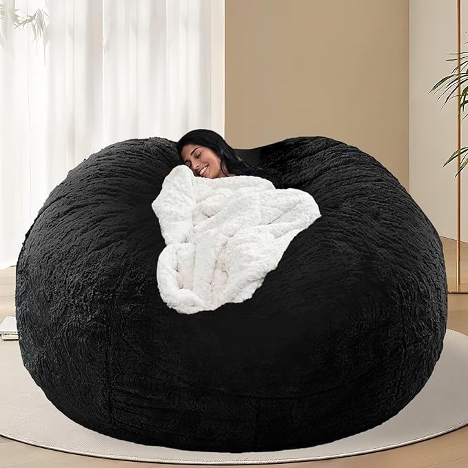 BCU 6FT Bean Bag Chair for Adults and Kids Without Filler Giant Stuffed Animal Storage Cover Soft Faux Fur Floor Chair Cover for Bedroom Living Room, Black