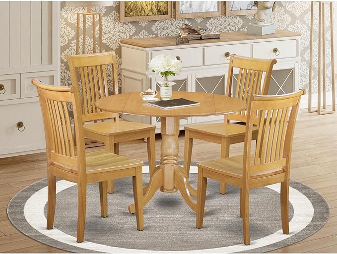East West Furniture DLPO5-OAK-W 5 Piece Modern Dining Table Set Includes a Round Wooden Table with Dropleaf and 4 Dining Chairs, 42x42 Inch, Oak