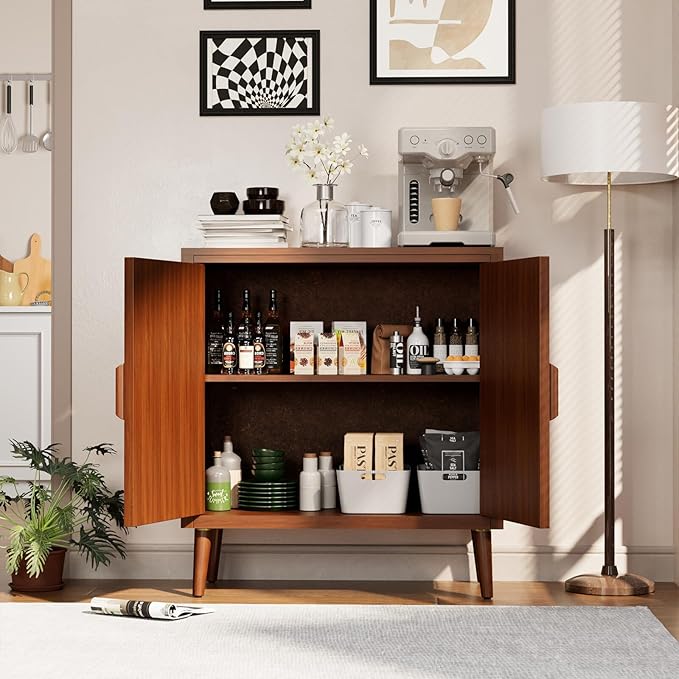 COSIEST 30" W Storage Cabinet with Doors and Shelves, Mid-Century Cabinet with Adjustable Shelf, Accent Sideboard for Kitchen, Dining Room, Living Room, or Hallway (Brown, Line Pattern)