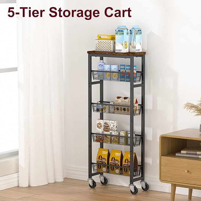 Honest Slim Storage Cart 5-Tier Slim Rolling Cart with Metal Frame and Wooden Top, 6.3 Inches, for Kitchen, Dining Room, Living Room, Bathroom, Home Office, Rustic Brown and Black
