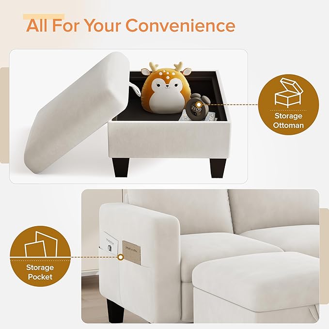 ZeeFu Convertible Sectional Sofa Couch, 3 Seat L-Shaped Sofa with Movable Ottoman, Modern Mocha Brown Velvet Linen Upholstered Small Sectional Sofa Couch for Small Space Apartment Living Room Office