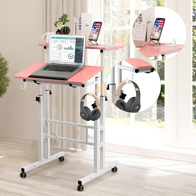 Hadulcet Mobile Standing Desk with Charging Station, Adjustable Standing Computer Desk, Standing Adjustable Laptop Cart with Wheels for Home Office Classroom, Pink