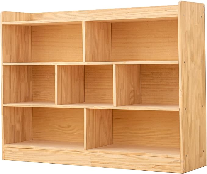 Wooden 7 Compartment Storage Cabinet Organizer Kids 3 Tier Wood Bookshelf School Storage Shelf Classroom Furniture for Kids Natural (47.24" L x 11.81" W x 35.43" H)
