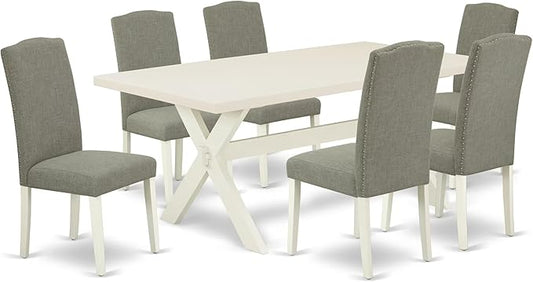 East West Furniture X027EN206-7 7 Piece Dining Room Furniture Set Consist of a Rectangle Dining Table with X-Legs and 6 Dark Shitake Linen Fabric Parsons Chairs, 40x72 Inch, Multi-Color