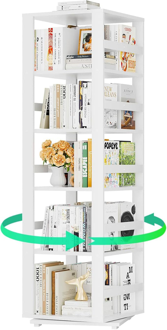 Homykic Rotating Bookshelf, Bamboo 360 Display Spinning Bookshelf Tower, 5-Tier Small Corner Bookcase for Small Spaces, Narrow Revolving Book Shelf Organizer Rack for Home Office, White