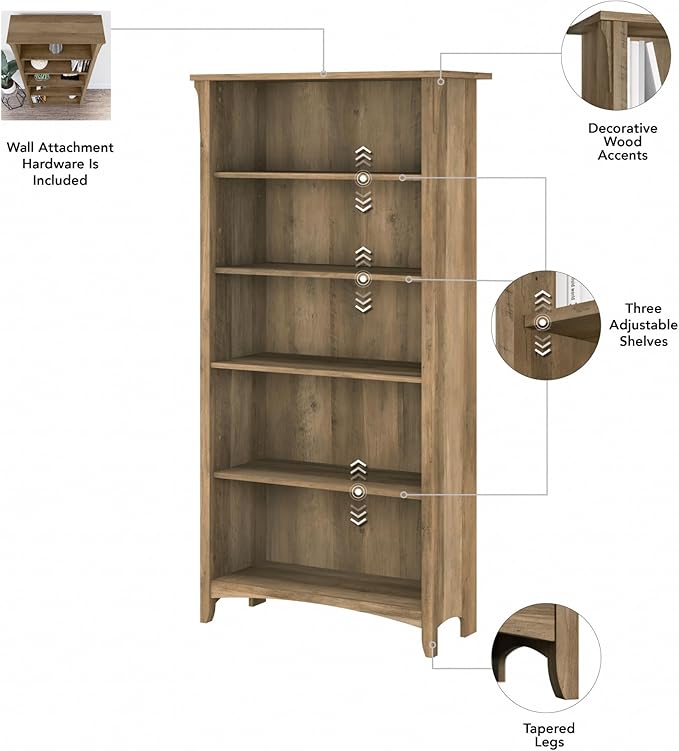 Bush Furniture Salinas 5 Shelf Bookcase in Reclaimed Pine, Tall Bookshelf, Large Book Shelf for Living Room, Home Office, or Entryway