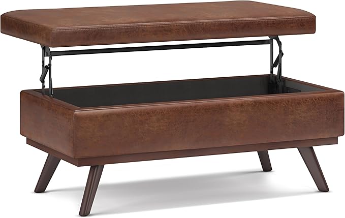 SIMPLIHOME Owen 42 inch Wide Mid Century Modern Rectangle Lift Top Large Coffee Table Storage Ottoman in Distressed Saddle Brown Vegan Faux Leather, Assembled, for the Living Room and Entryway