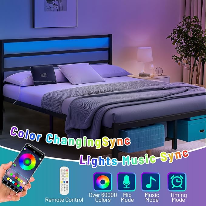 Queen Bed Frame with Headboard,Heavy Duty Steel Slats Support-LED Bed Frame with USB Charging Station,Mattress Foundation-Under Bed Storage,No Box Spring Needed,Noise Free，Black