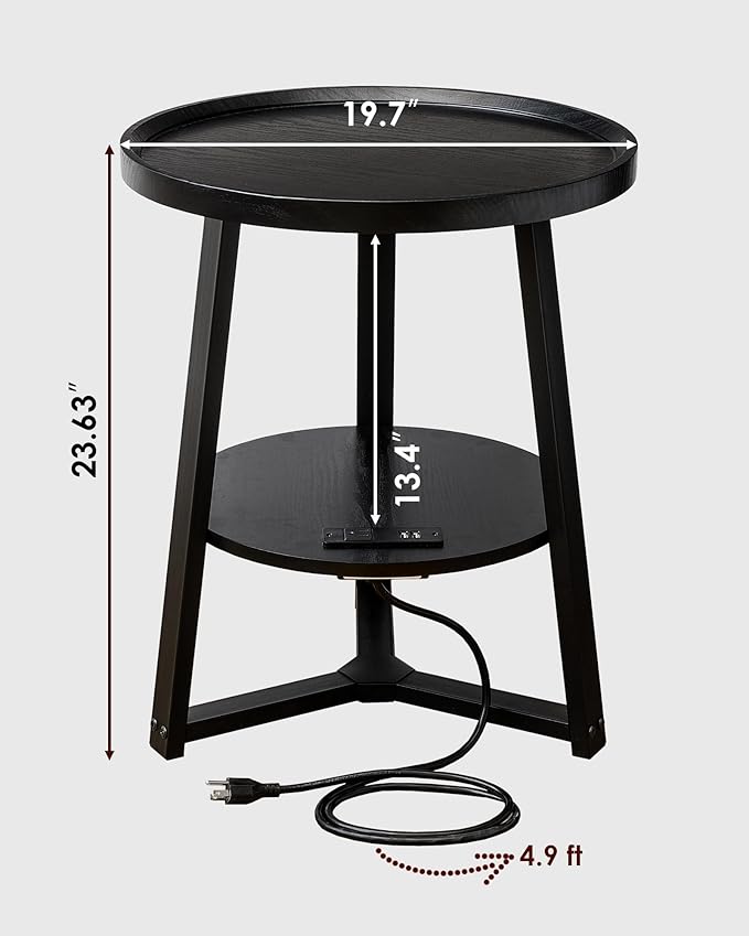 Round End Table with Charging Station, 19.7" Dia x 23.63" H, Side Table with Storage Shelf, Accent Table, for Living Room, Bedroom, Small Spaces, Metal Frame, Industrial Style (Black)