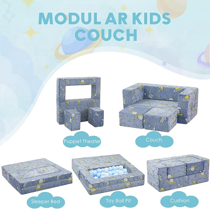 MeMoreCool Modular Kids Couch, Glow Play Toddler Couch for Bedroom Playroom, Convertible Foam Kids Sofa Bed, Fold Out Baby Sofa for Girl Boy, Denim Rocket