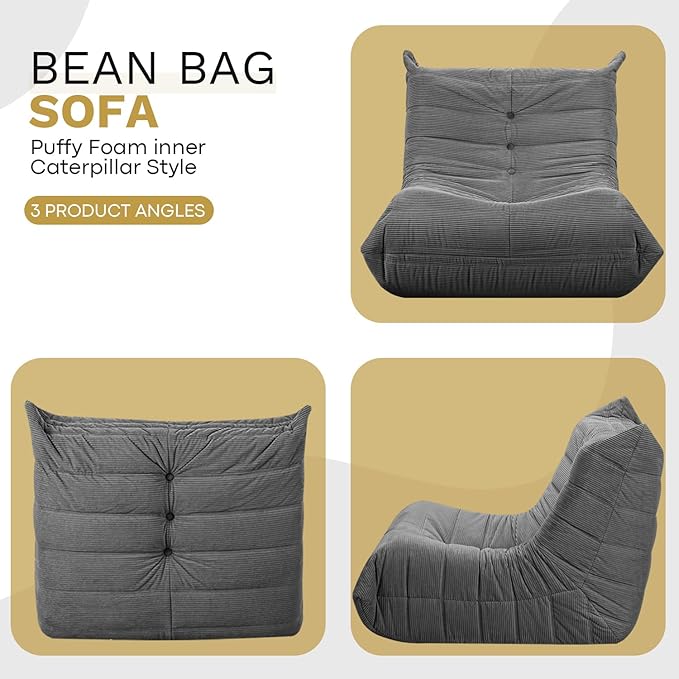 Bean Bag Chairs for Adults, Memory Foam Couch Sofa Chair,One-Piece Foam Padding,Cozy Corduroy Material Bean Bag Chair,Bean Bag Sofa for Reading in Bedroom Living Room and Dorms，Gray