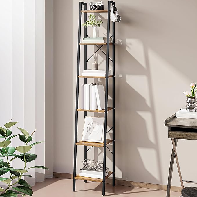 Ladder Shelf, Bookshelf Bookcase, Freestanding Corner Storage Shelve with 2 Hooks for Home Office, Living Room, Kitchen, Bedroom, Industrial, 6-Tier Rustic Brown BC13301B