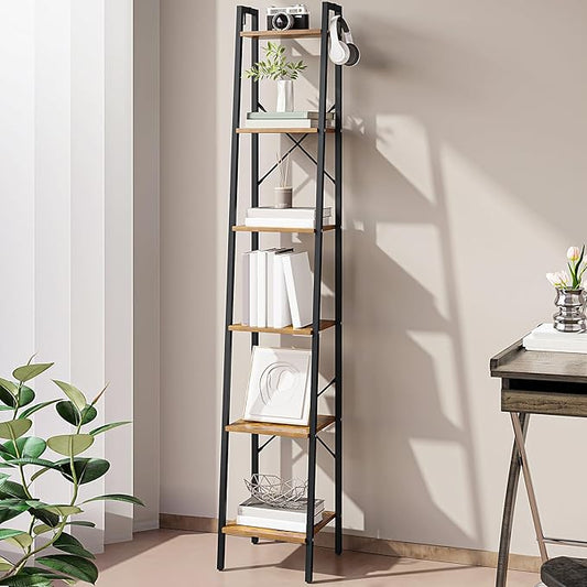 Ladder Shelf, Bookshelf Bookcase, Freestanding Corner Storage Shelve with 2 Hooks for Home Office, Living Room, Kitchen, Bedroom, Industrial, 6-Tier Rustic Brown BC13301B