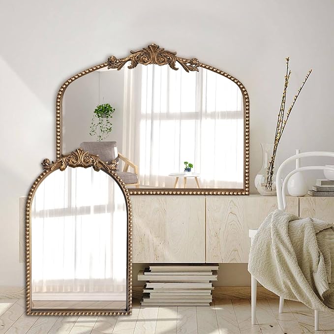 ironsmithn Gold Arched Mirror, 30"x36" Ornate Beaded Frame Mirrors, Metal Decorative Accent Mirror for Fireplace Bedroom Bathroom Living Room Entryway