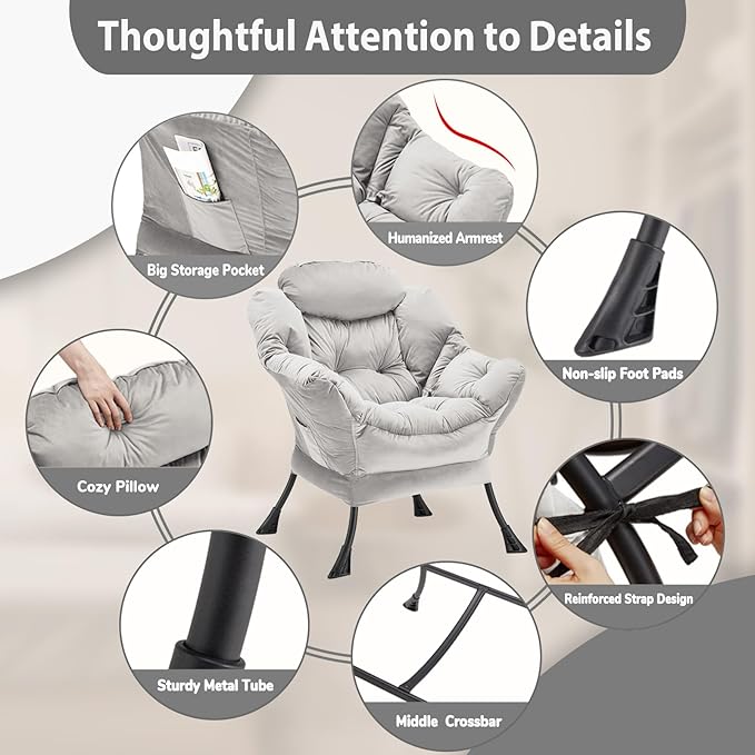 Lazy Chair Thick Padded, Comfy Velvet Accent Lounge Chair with Stable Frame, Leisure Sofa Armchair with Armrests and Side Pocket, Reading Chair for Bedroom, Living Room, Office, Light Gray