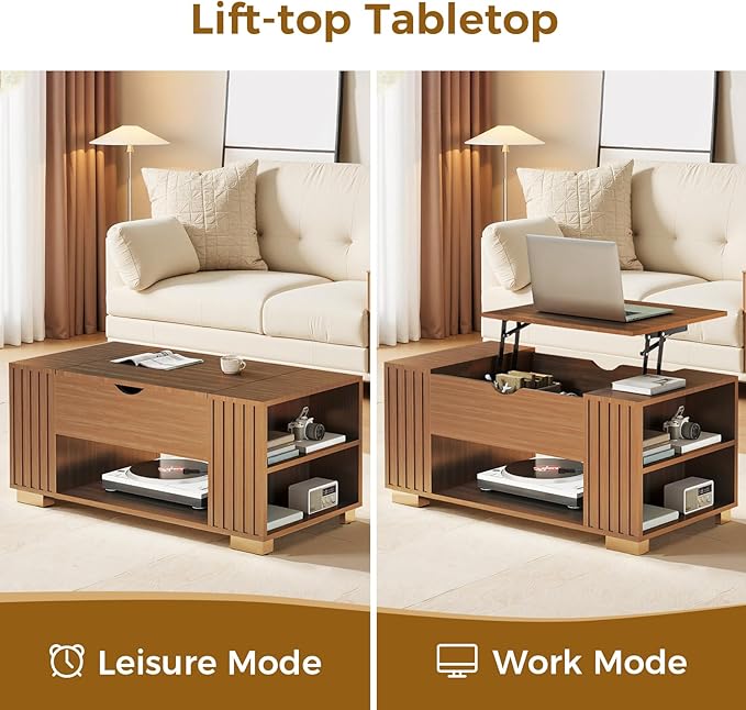 COMHOMA Lift Top Coffee Table for Living Room, 39" Center Table with Hidden Storage Compartment, Adjustable Wooden Tea Table for Small Spaces, Dark Walnut