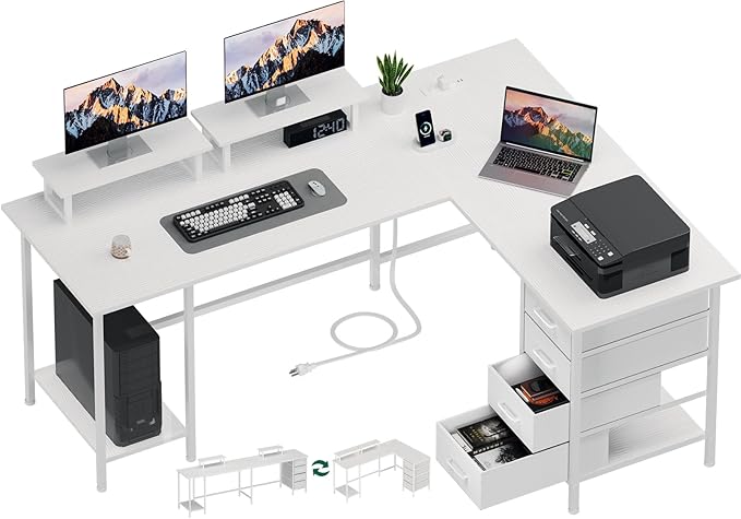 59 inch L Shaped Computer Desk with Power Outlets, Home Office Desk with 4 Adjustable Storage Drawers & 2 Monitor Stands, Two Person Gaming Table for Bedroom, White