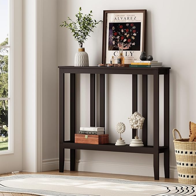 ELYKEN Console Tables for Entryway, 36.2" Long 2 Tier Hallway Table Behind Couch, 7” Narrow Sofa Table for Entrance, Entry, Living Room, Brown