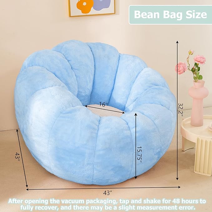 Pumpkin Bean Bag Sofa Chair for Adult, Beanbag Couch with Filler for Reading and Relaxation, Comfy and Lazy Sofa for Dorm, Apartment, Living Room and Bedroom, Sky Blue