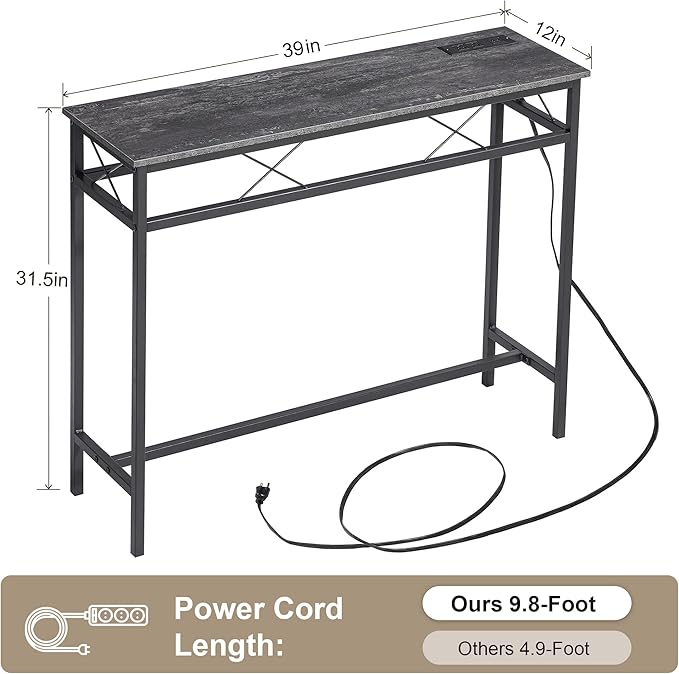 VECELO 39.4In Narrow Sofa/Console Table with Charging Station & Power Outlet and USB Ports, for Entryway, Living Room, Office, Industrial, Metal Frame, Grey