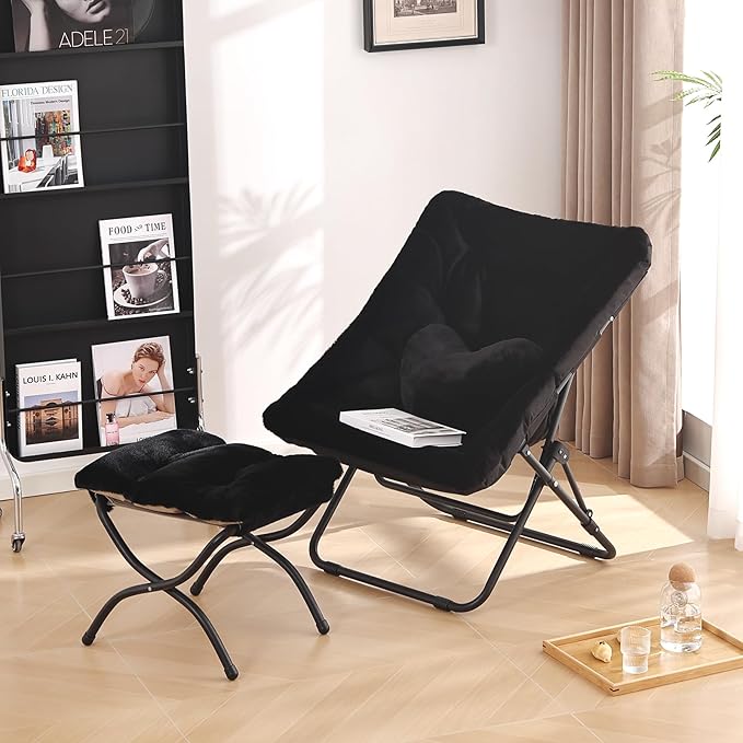 Comfy Saucer Chair with Ottoman, Oversized Folding Faux Fur Chair Soft Furry Lounge Lazy Chair with Metal Frame Moon Chair Accent Chair for Bedroom, Living Room, Dorm Rooms, Black