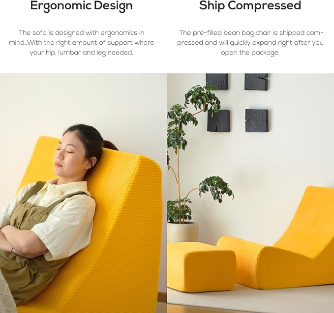 N&V Bean Bag Chair Single Seated Foam Sofa Armless Floor Sofa with High Density Foam Removable and Machine Washable Cover (White, Large, Corduroy Stripes)