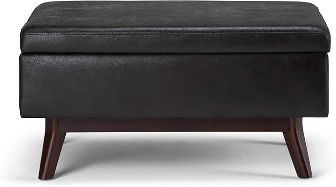 SIMPLIHOME Owen 34 inch Wide Mid Century Modern Rectangle Coffee Table Storage Ottoman in Distressed Black Vegan Faux Leather, Assembled, for the Living Room, Entryway and Family Room