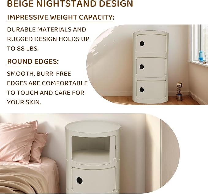 3 Tier Round with Storage, Modern Style Side Table, Multifunctional End Table Storage Cabinet for Living Room, Bedroom, Bathroom (Beige)