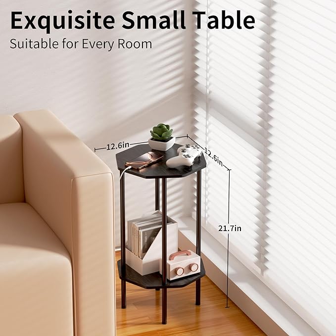 Side Table, Octagonal End Table for Small Spaces, Nightstand with 2 Storage Shelves, Small Table Stand for Bedroom, Living Room, Outdoor Balcony(Black)