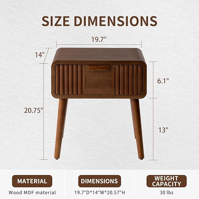 COSIEST Mid Century Modern Nightstand, MCM Vintage Bedside Table with Storage Drawer, Wood End Table for Bedroom, Living Room (Brown, Striped Pattern)