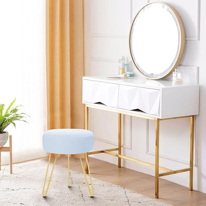 GERANT Multifunctional Vanity Stool - Velvet Footrest Stool-Upholstered Chair Stool -Ottoman Round Modern Dressing Chair - Side Coffee Table Seat with Golden Metal Leg for Living Room (Light Blue)