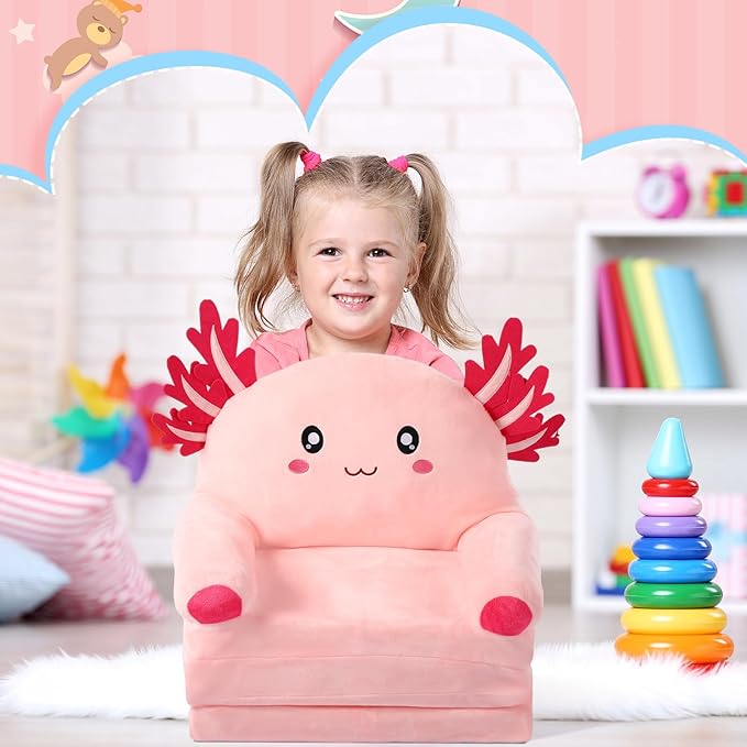 Axolotl Kids Couch Fold out 2-in-1 Toddler Sofa Fold out with Blanket, Soft Toddler Chair Comfy for Boy Girl Baby, Convertible Sofa to Lounger for Napping Reading Playing Christmas, Light Pink