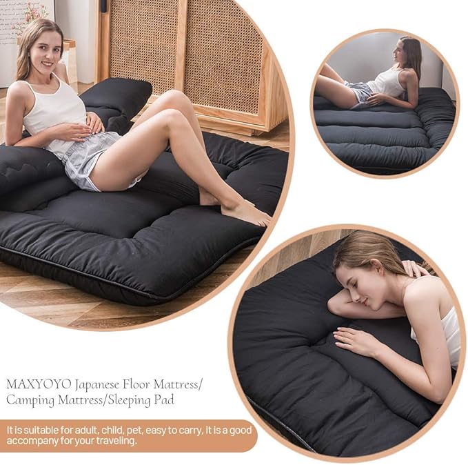 MAXYOYO Japanese Floor Mattress Futon Mattress, 4" Thicken Tatami Mat Sleeping Pad Foldable Roll Up Mat Boys Girls Dormitory Pad Kids Floor Lounger Pillow Bed, Black, King