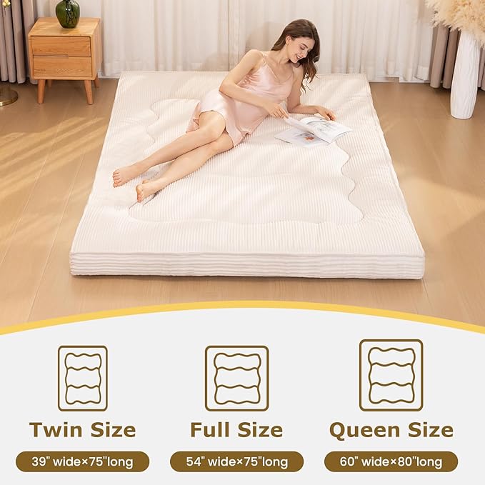 Japanese Floor Mattress, 4" Thicken Futon Mattress Full Size Sleeping Pad, Corduroy Foldable Floor Pad, Roll Up Tatami Mat for Adults Guest Room Bedroom, Beige